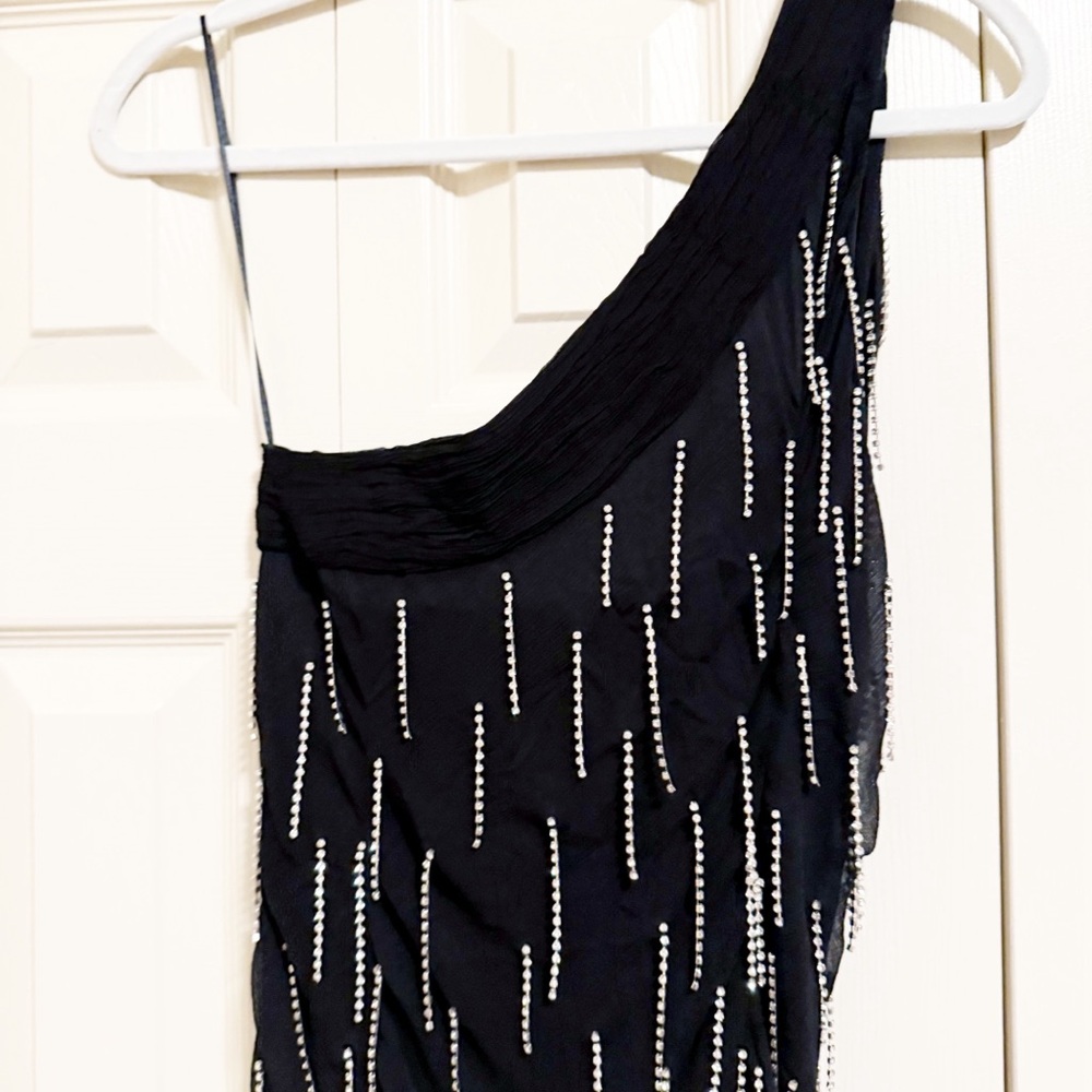Fleur Du Mal One Shoulder Dangling Stones Rhinestone Fringe Dress in Black Large - Picture 9 of 12
